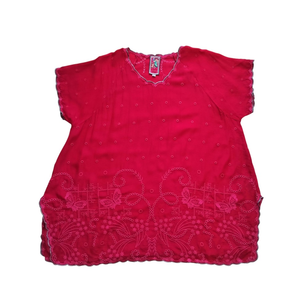 Johnny Was C13579 Red Embroidered Tunic Top 1X Plus Size 100% Cupra Rayon Boho - Picture 2 of 12
